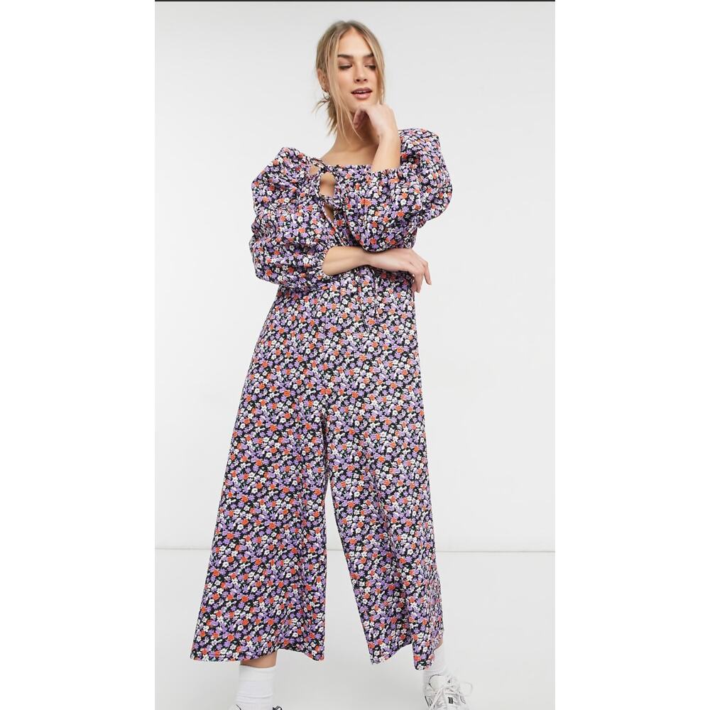 ASOS DESIGN double puff sleeve tie front jumpsuit in purple floral. Size 10